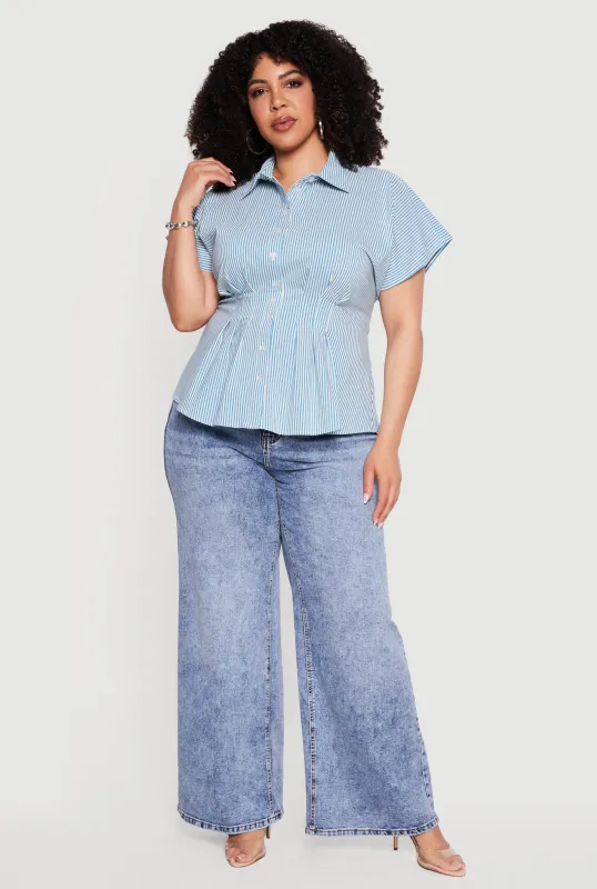 Plus Size Striped Dolman Sleeve Pleated Shirt made by Rainbow