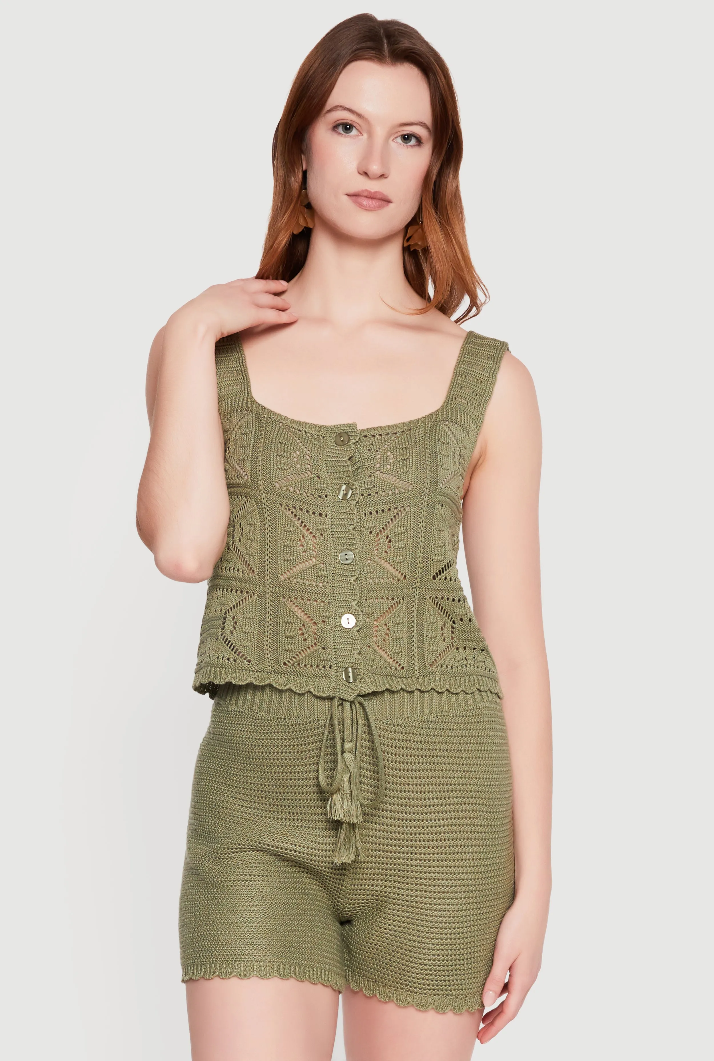 Crochet Scalloped Hem Square Neck Button Front Vest sold by Rainbow