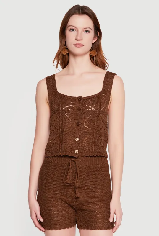 Crochet Scalloped Hem Square Neck Button Front Vest made by Almost Famous