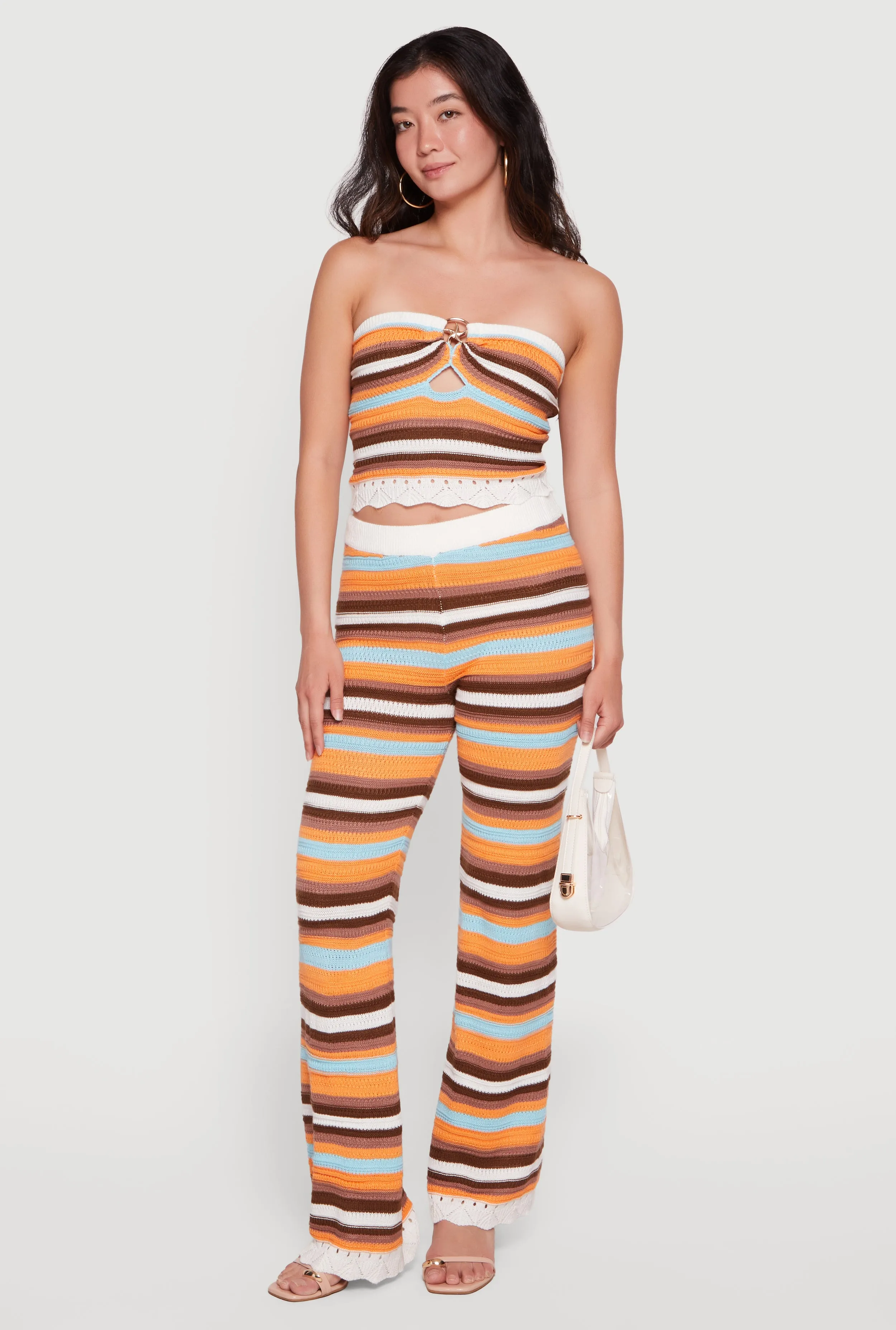 Pointelle Knit Hem Striped Flare Leg Crochet Pants sold by Rainbow