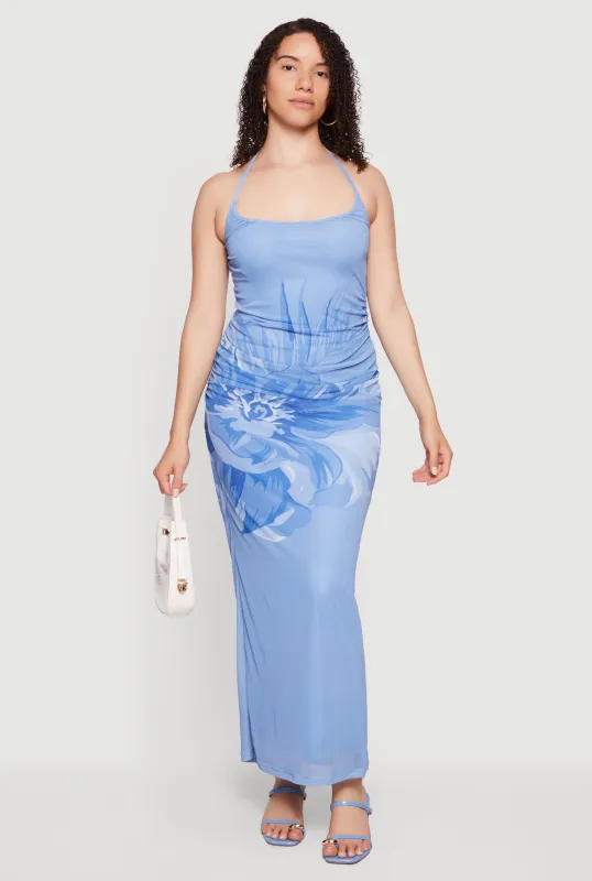 Floral Print Mesh Overlay Tie Back Halter Dress made by Almost Famous