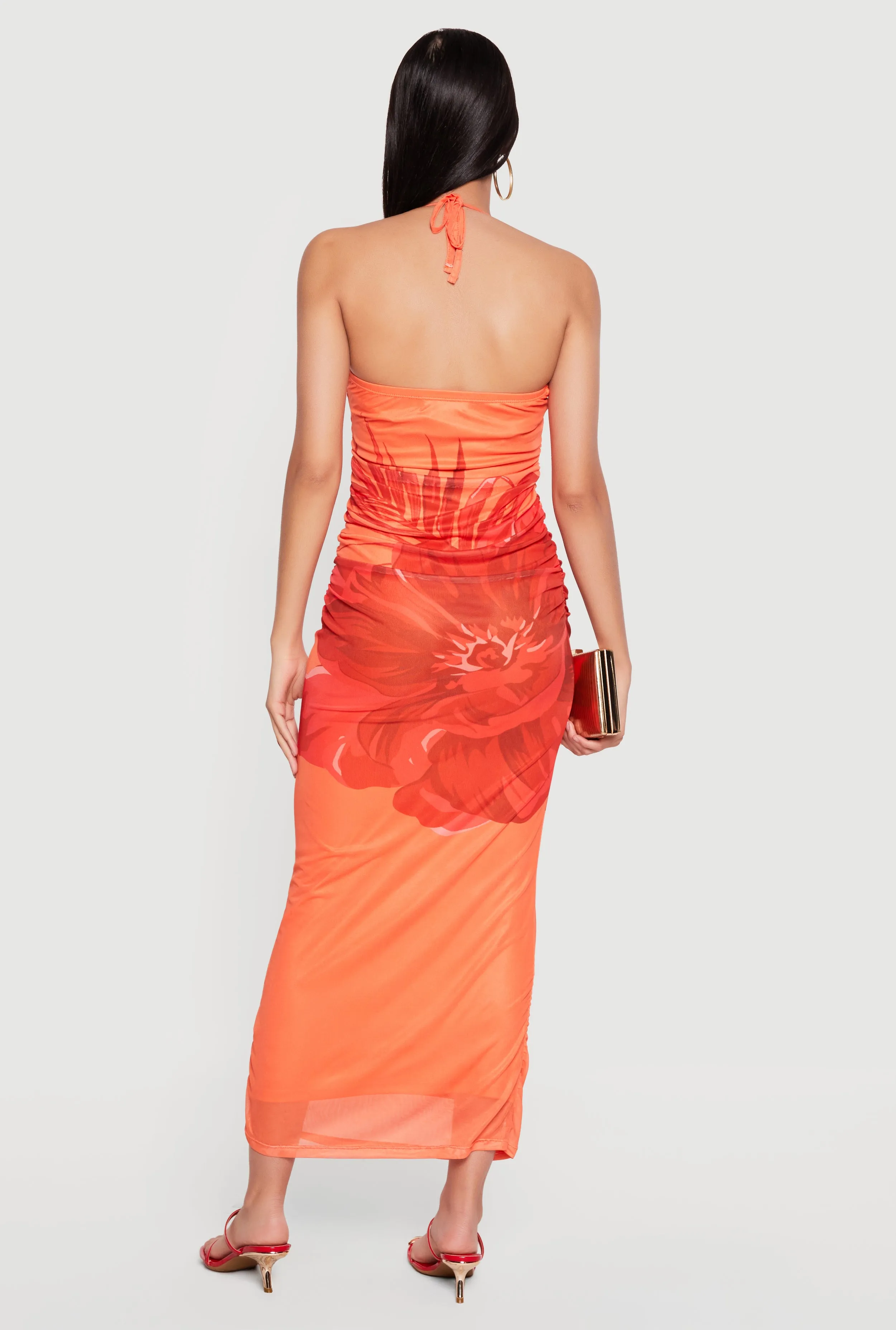 Floral Print Mesh Overlay Tie Back Halter Dress sold by Rainbow product image thumbnail 3