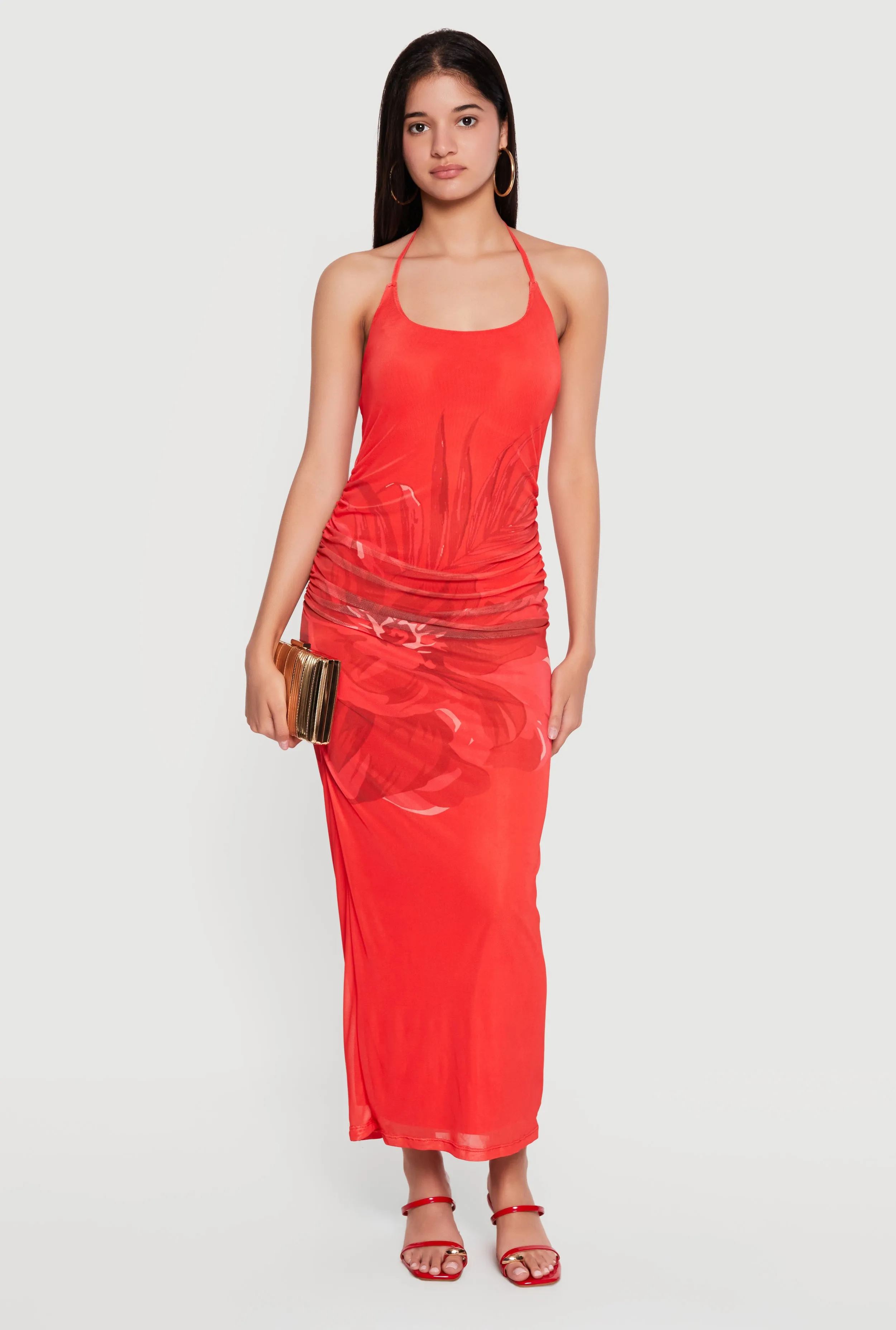 Floral Print Mesh Overlay Tie Back Halter Dress sold by Rainbow