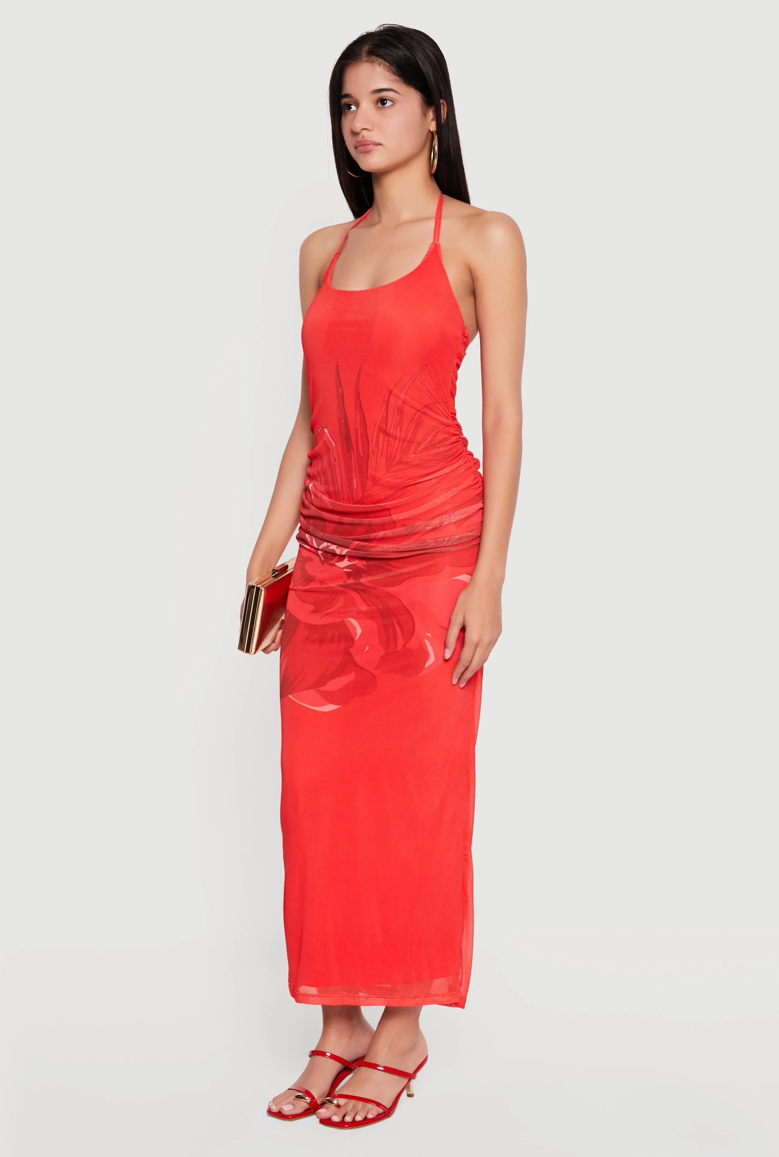 Floral Print Mesh Overlay Tie Back Halter Dress sold by Rainbow product image thumbnail 2