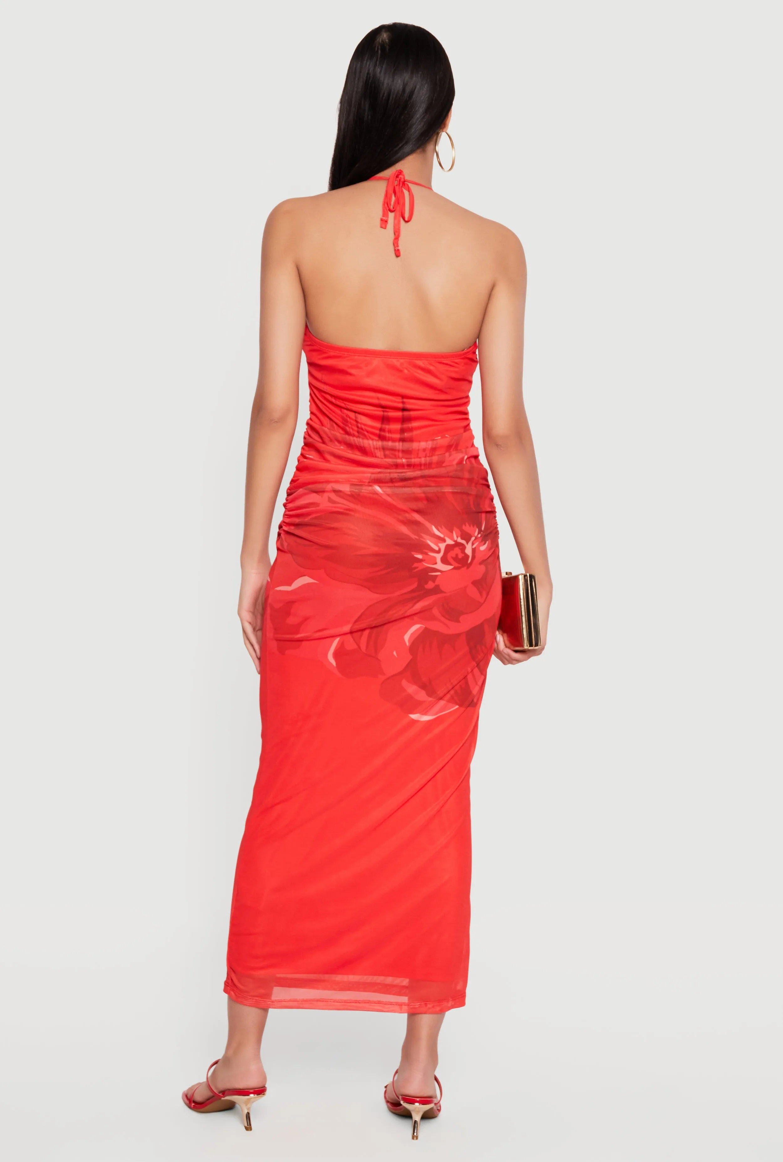 Floral Print Mesh Overlay Tie Back Halter Dress sold by Rainbow product image thumbnail 3