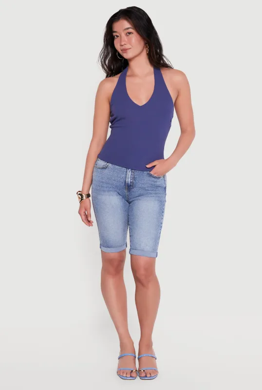 Ribbed Knit Open Back Halter Top made by iris