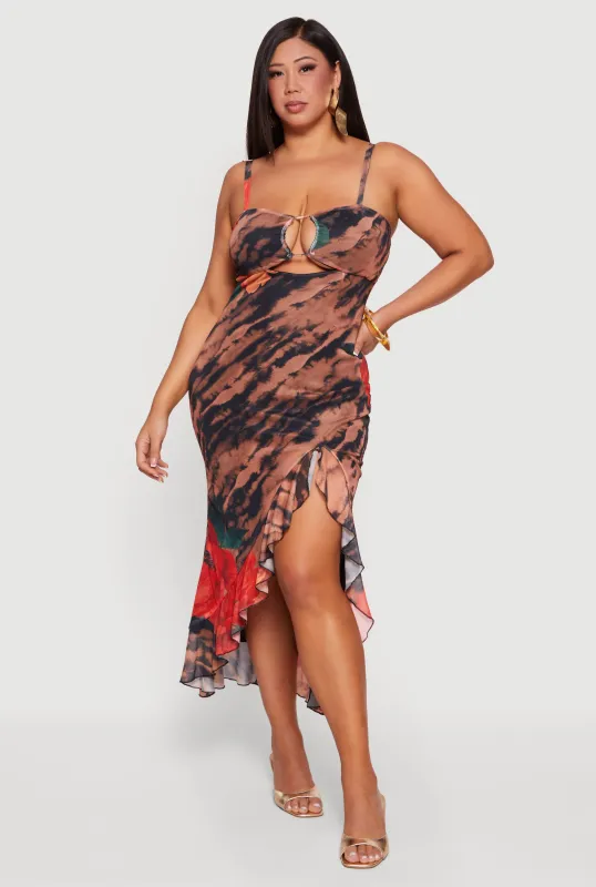Plus Size Floral Printed Pattern Ruffle Hem Mesh Dress made by Rainbow