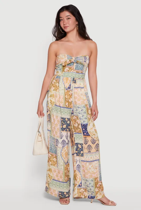 Patterned Tie Front Detail Wide Leg Jumpsuit made by Rainbow