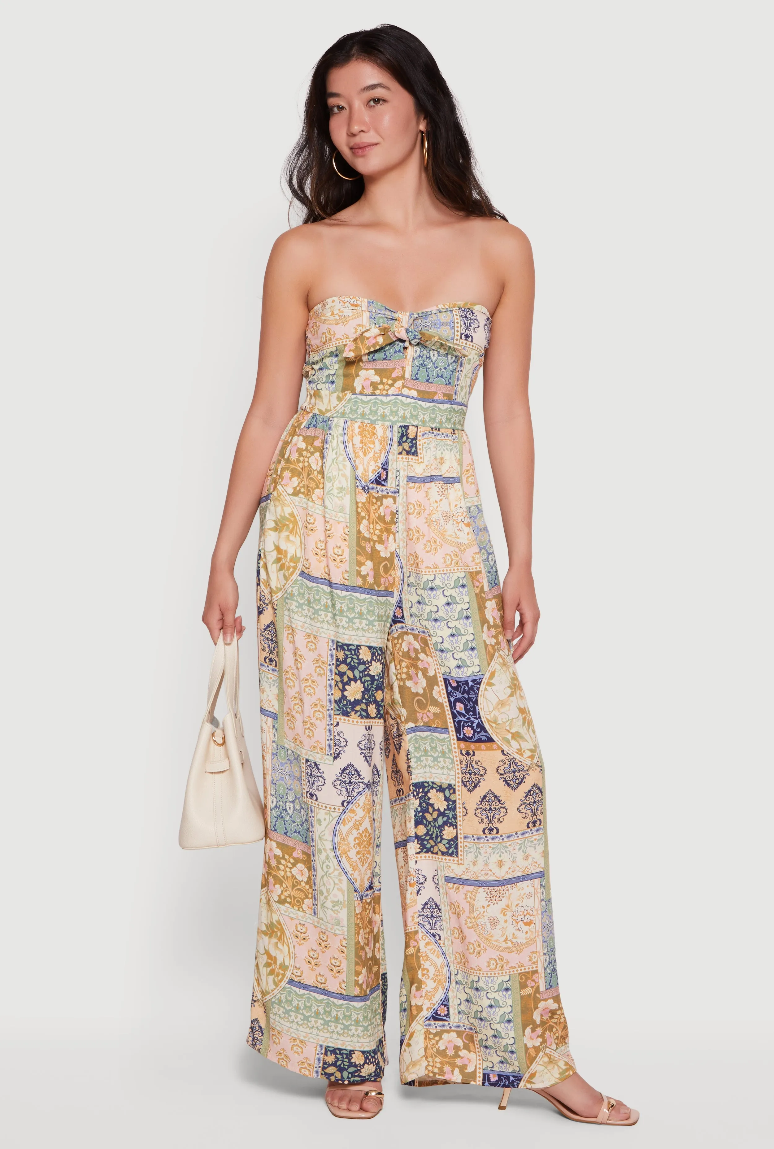 Patterned Tie Front Detail Wide Leg Jumpsuit sold by Rainbow