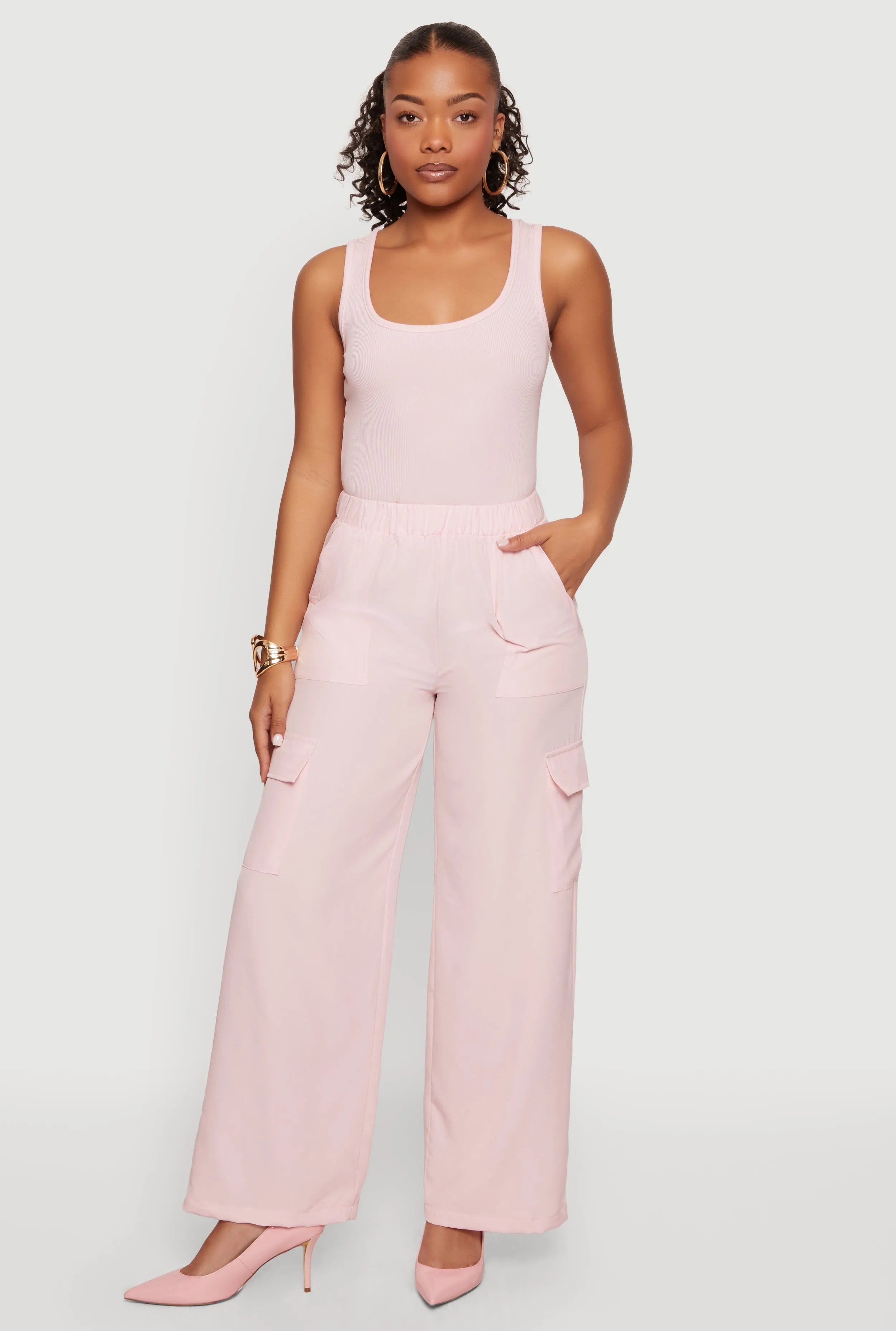 Sleeveless Elastic Waist Jumpsuit with Cargo Pockets sold by Rainbow
