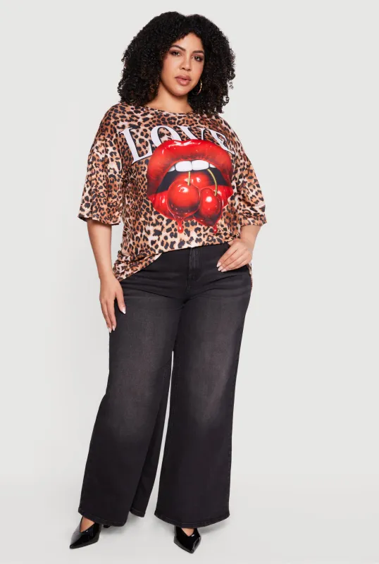 Plus Size Leopard Love Cherry Graphic Oversized Tee made by Rainbow