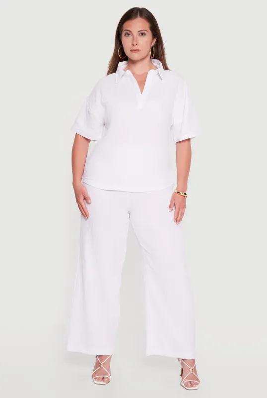Plus Size Gauze Knit Collared Blouse and Pull On Pants Set made by Rainbow