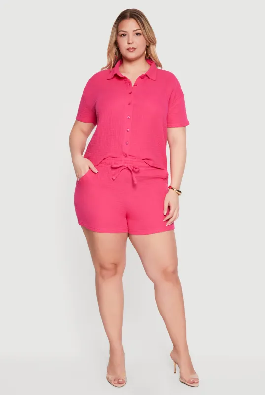 Plus Size Gauze Knit Button Front Shirt and High Waisted Shorts Set made by Rainbow