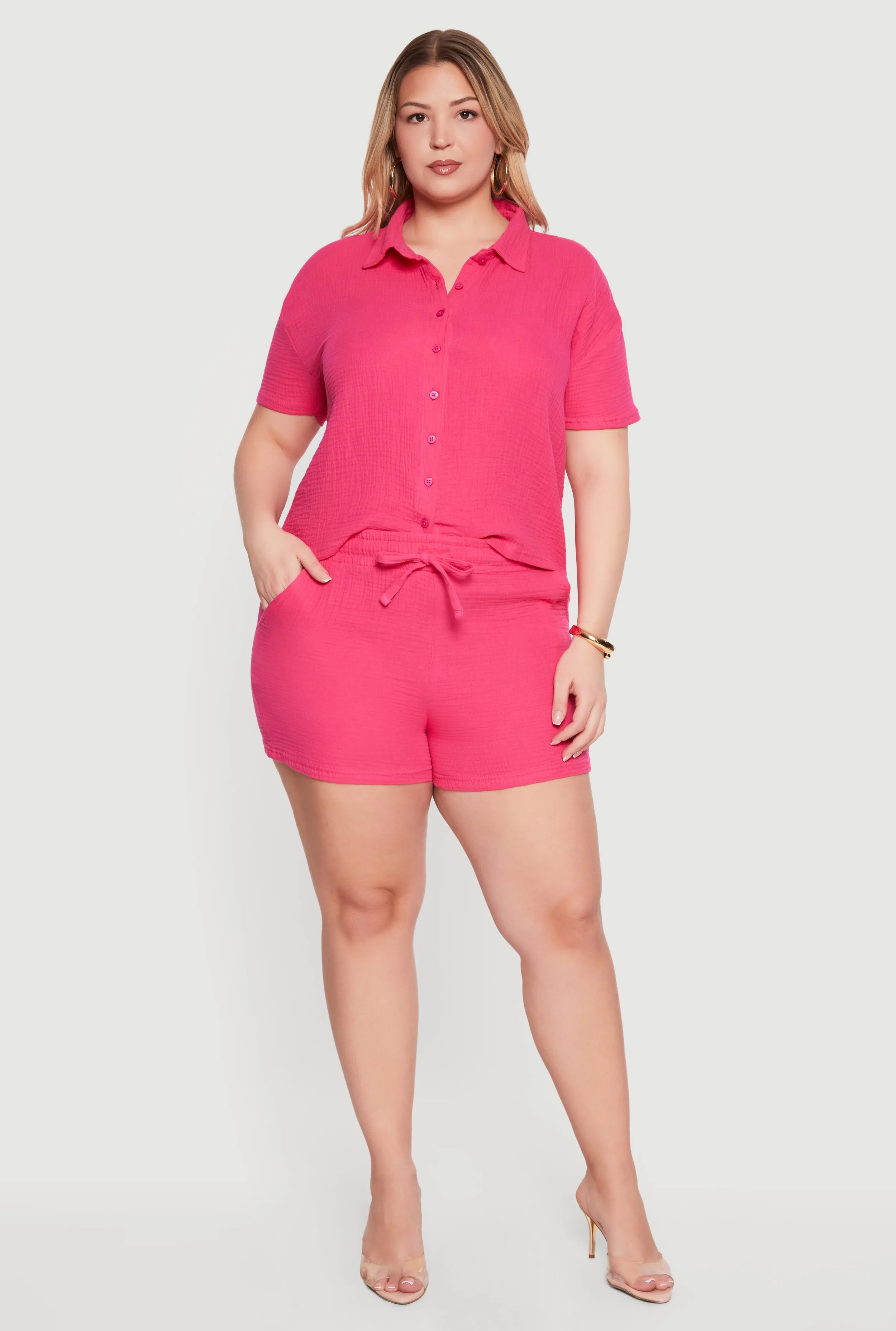 Plus Size Gauze Knit Button Front Shirt and High Waisted Shorts Set sold by Rainbow