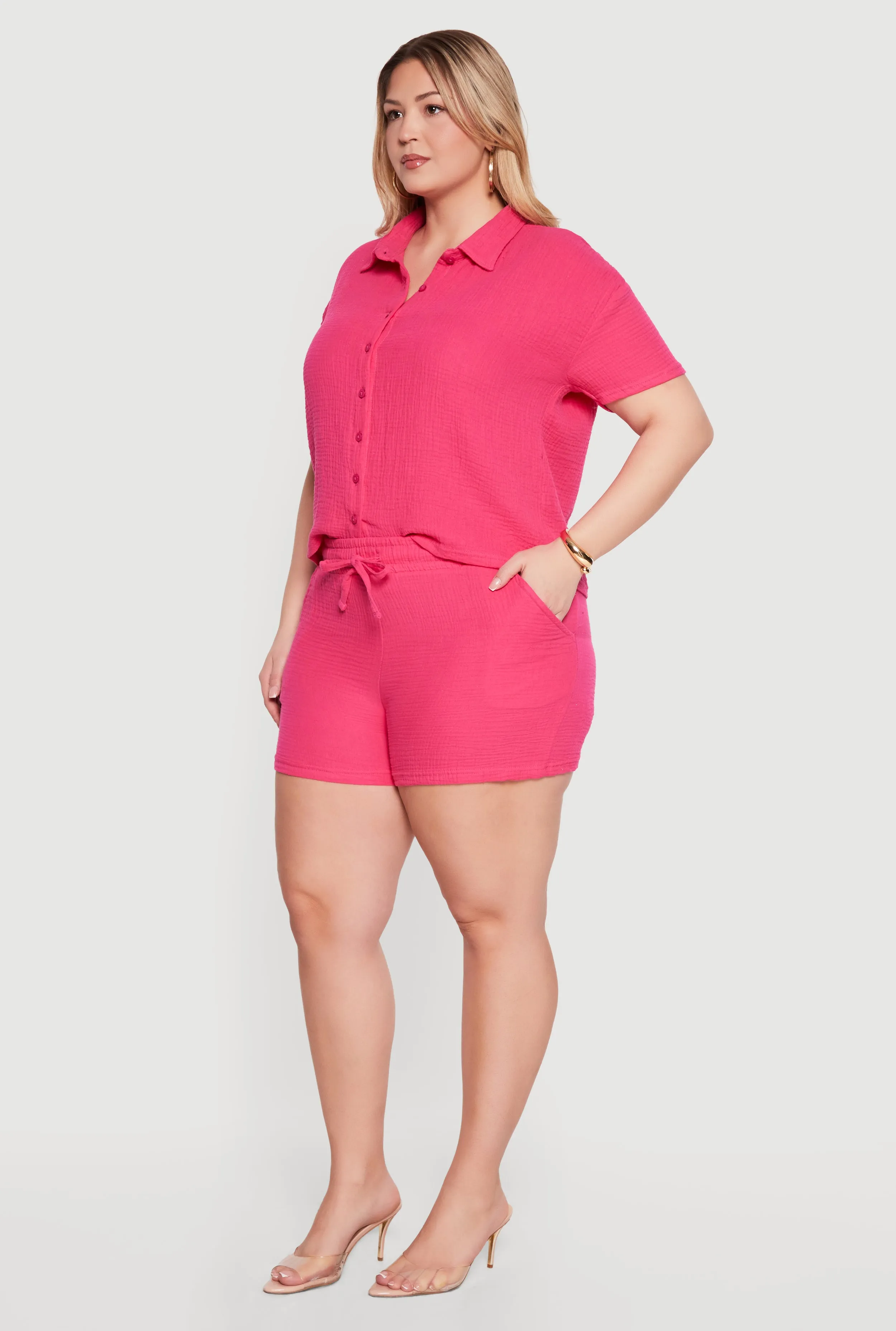 Plus Size Gauze Knit Button Front Shirt and High Waisted Shorts Set sold by Rainbow product image thumbnail 2