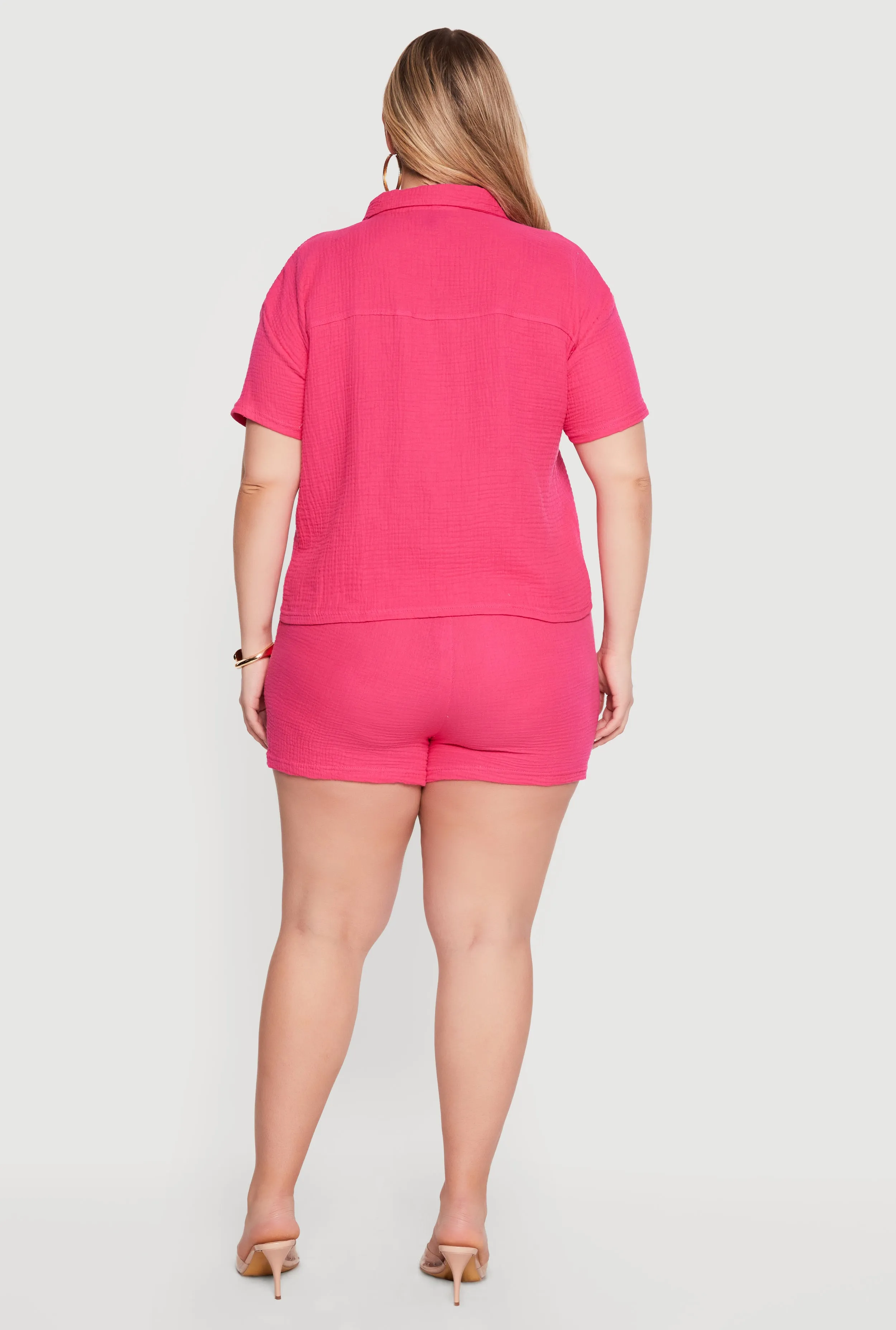 Plus Size Gauze Knit Button Front Shirt and High Waisted Shorts Set sold by Rainbow product image thumbnail 3