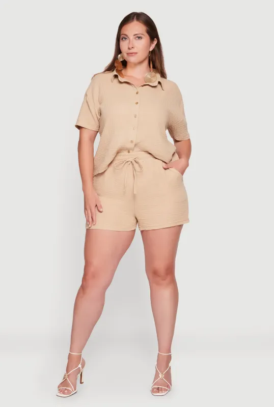 Plus Size Gauze Knit Button Front Shirt and High Waisted Shorts Set made by Rainbow