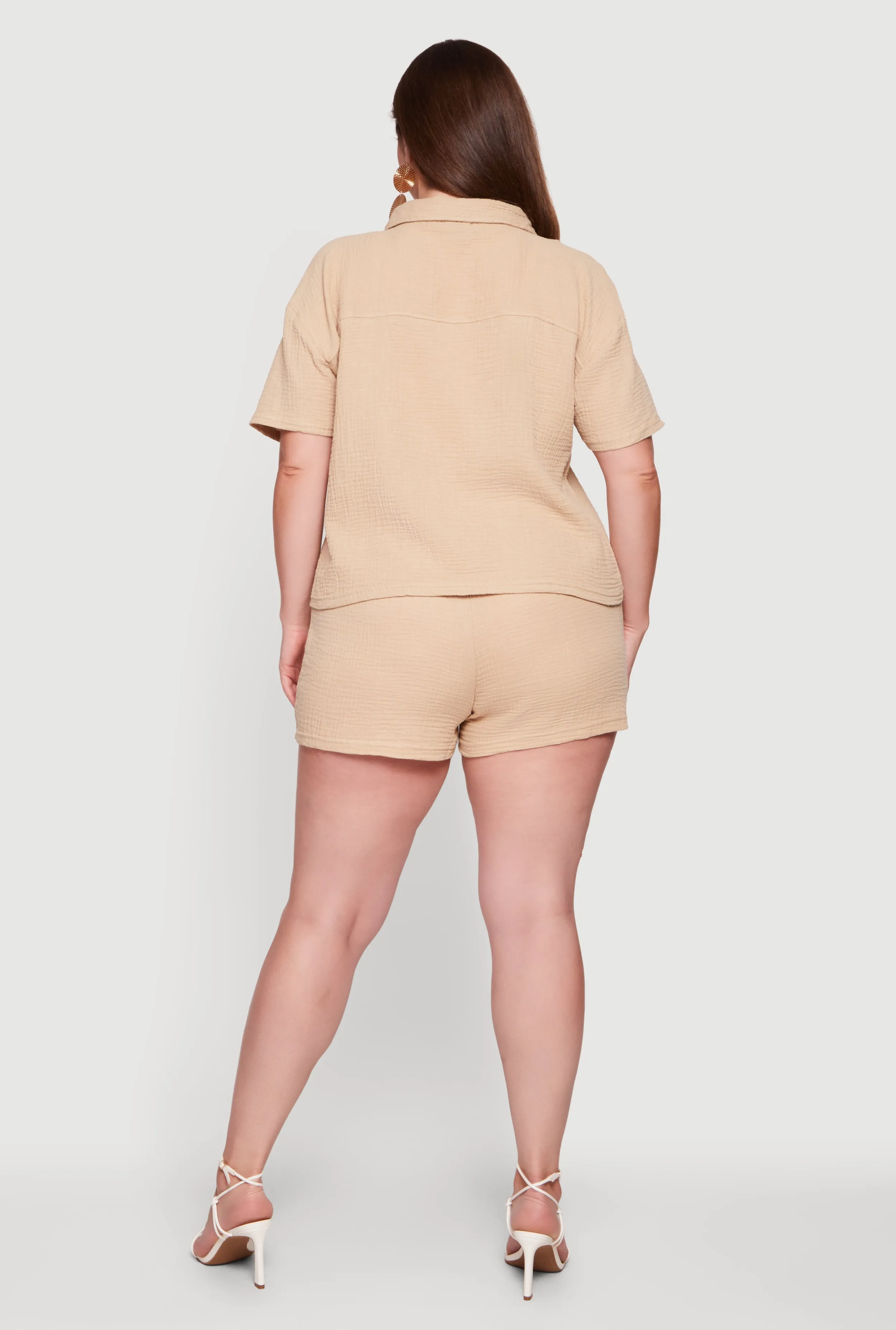 Plus Size Gauze Knit Button Front Shirt and High Waisted Shorts Set sold by Rainbow product image thumbnail 3