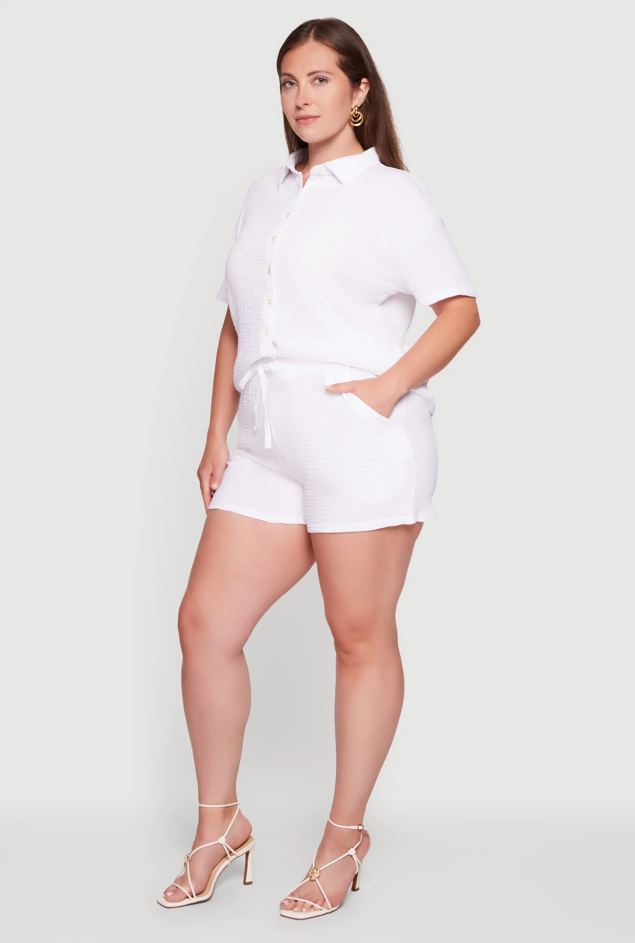 Plus Size Gauze Knit Button Front Shirt and High Waisted Shorts Set sold by Rainbow product image thumbnail 2