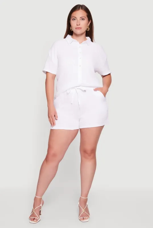 Plus Size Gauze Knit Button Front Shirt and High Waisted Shorts Set made by Rainbow