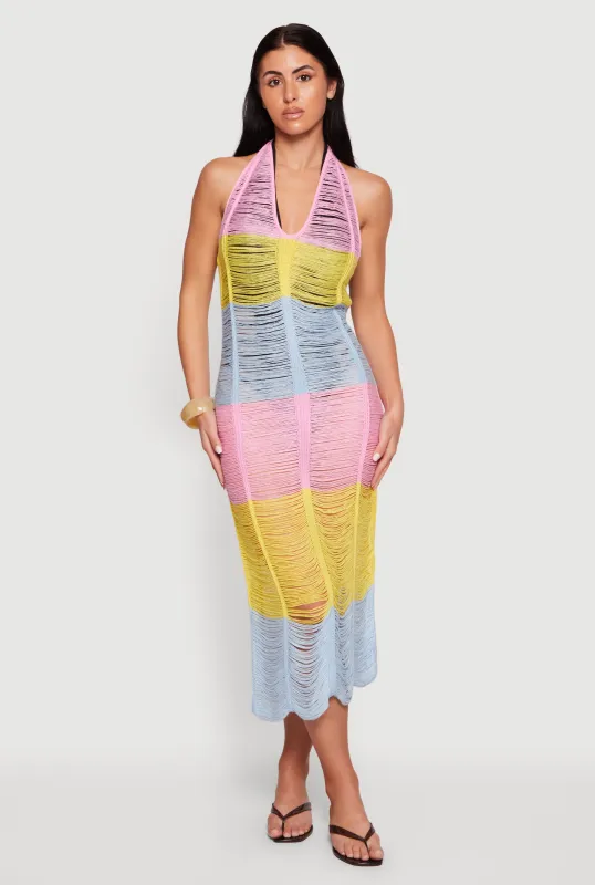 Tie Back Halter Neck Distressed Striped Dress made by Rainbow