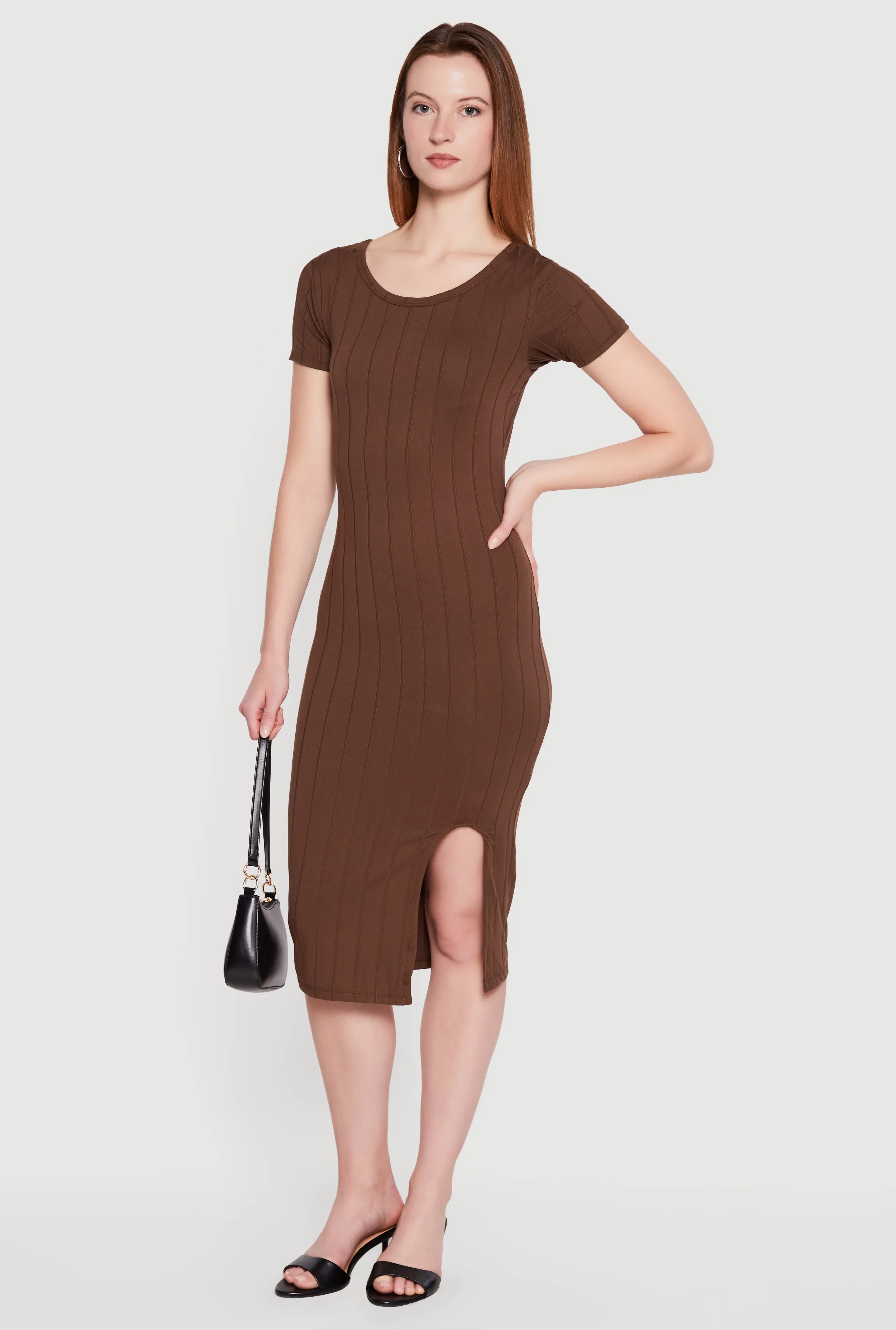Ribbed Knit Short Sleeve Midi Dress with Side Slit sold by Rainbow product image thumbnail 2