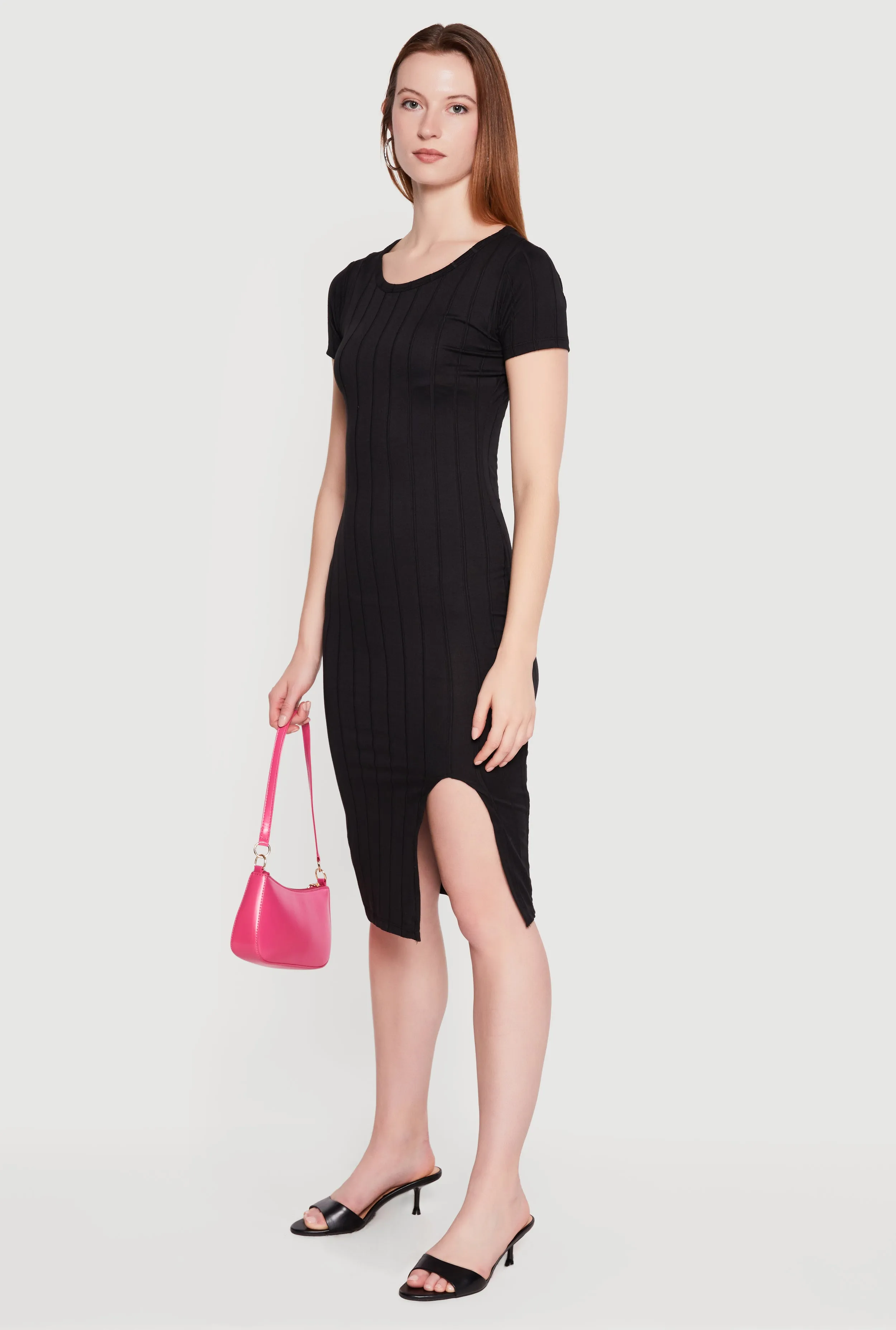 Ribbed Knit Short Sleeve Midi Dress with Side Slit sold by Rainbow product image thumbnail 2