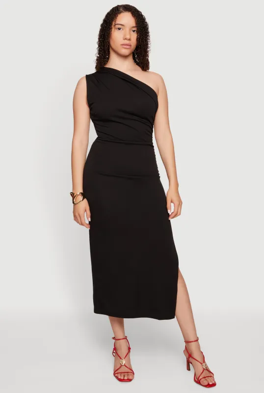 One Shoulder Side Ruched Side Slit Midi Dress made by Haute Monde