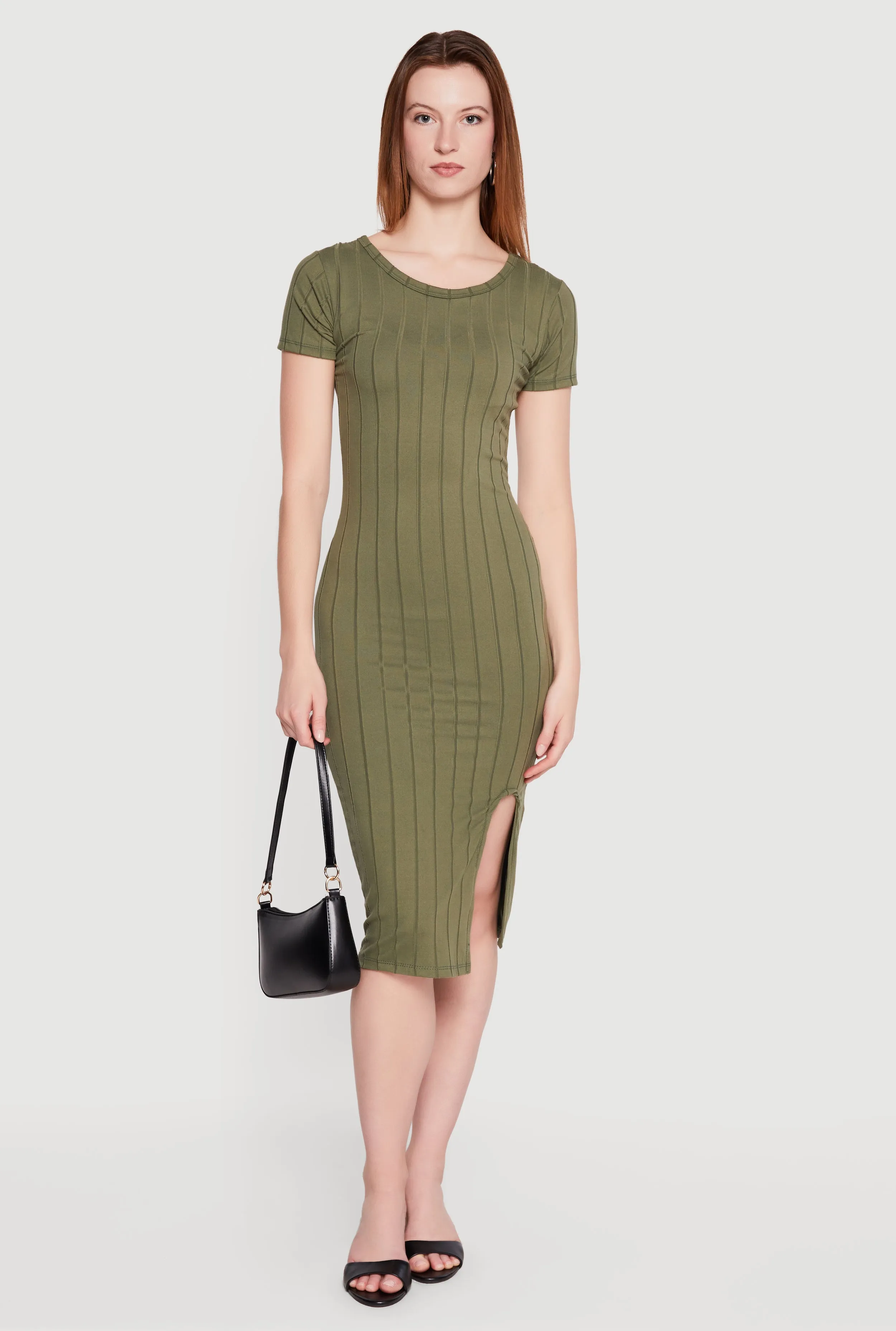Ribbed Knit Short Sleeve Midi Dress with Side Slit sold by Rainbow product image thumbnail 3