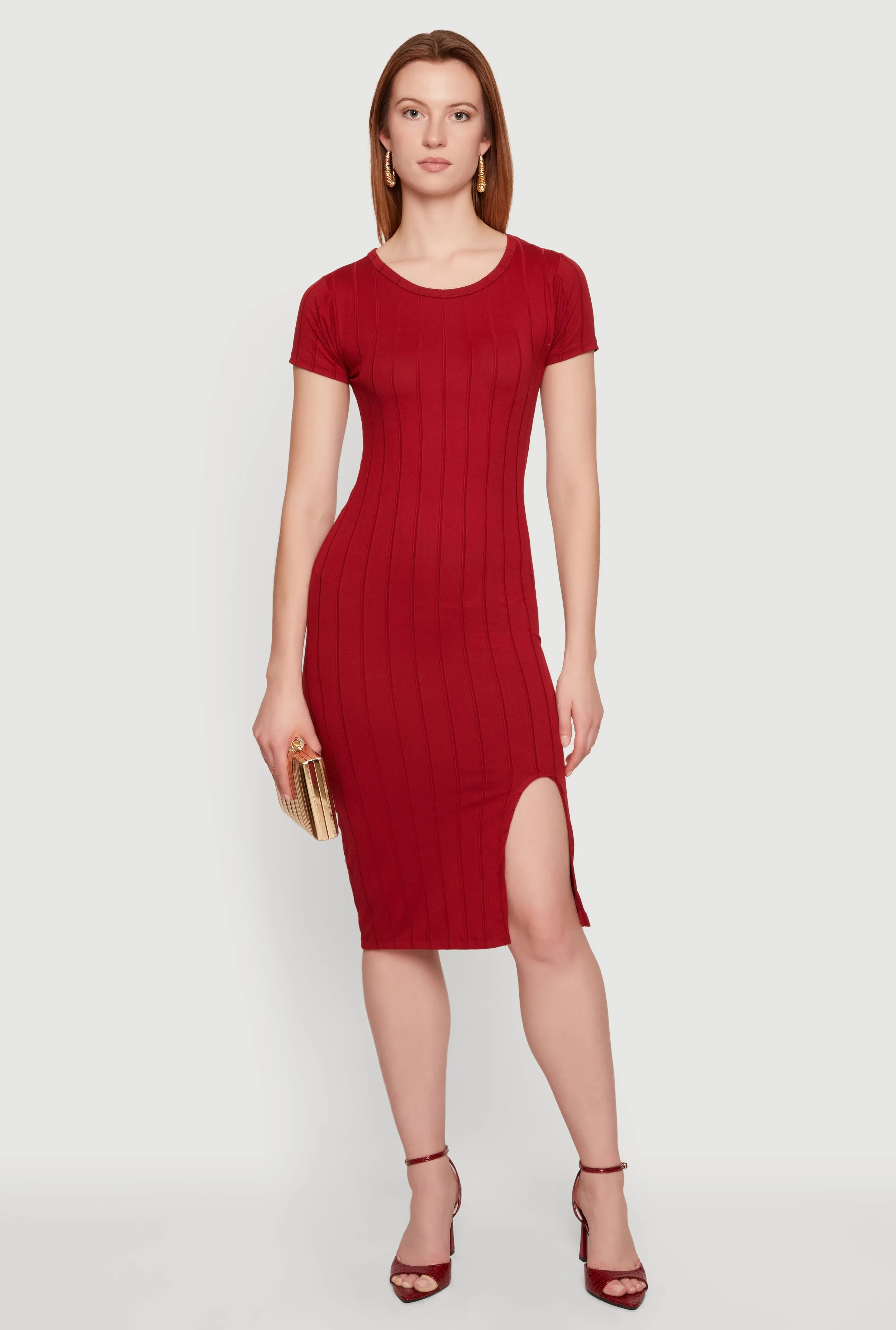 Ribbed Knit Short Sleeve Midi Dress with Side Slit sold by Rainbow product image thumbnail 4