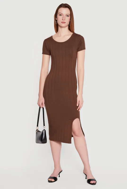 Ribbed Knit Short Sleeve Midi Dress with Side Slit made by Rainbow