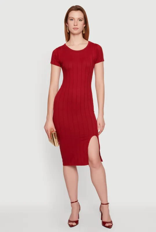 Ribbed Knit Short Sleeve Midi Dress with Side Slit made by Rainbow