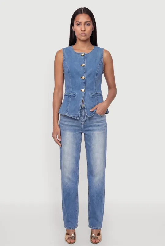 Denim Button Front Crew Neck Vest made by iris