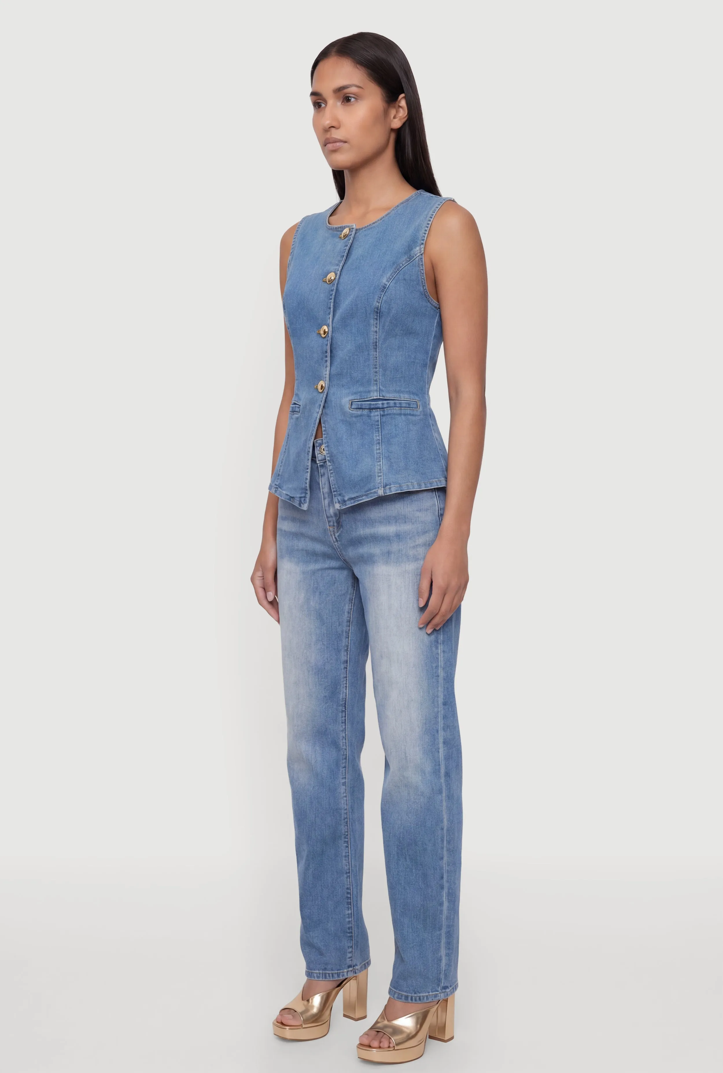 Denim Button Front Crew Neck Vest sold by Rainbow product image thumbnail 5