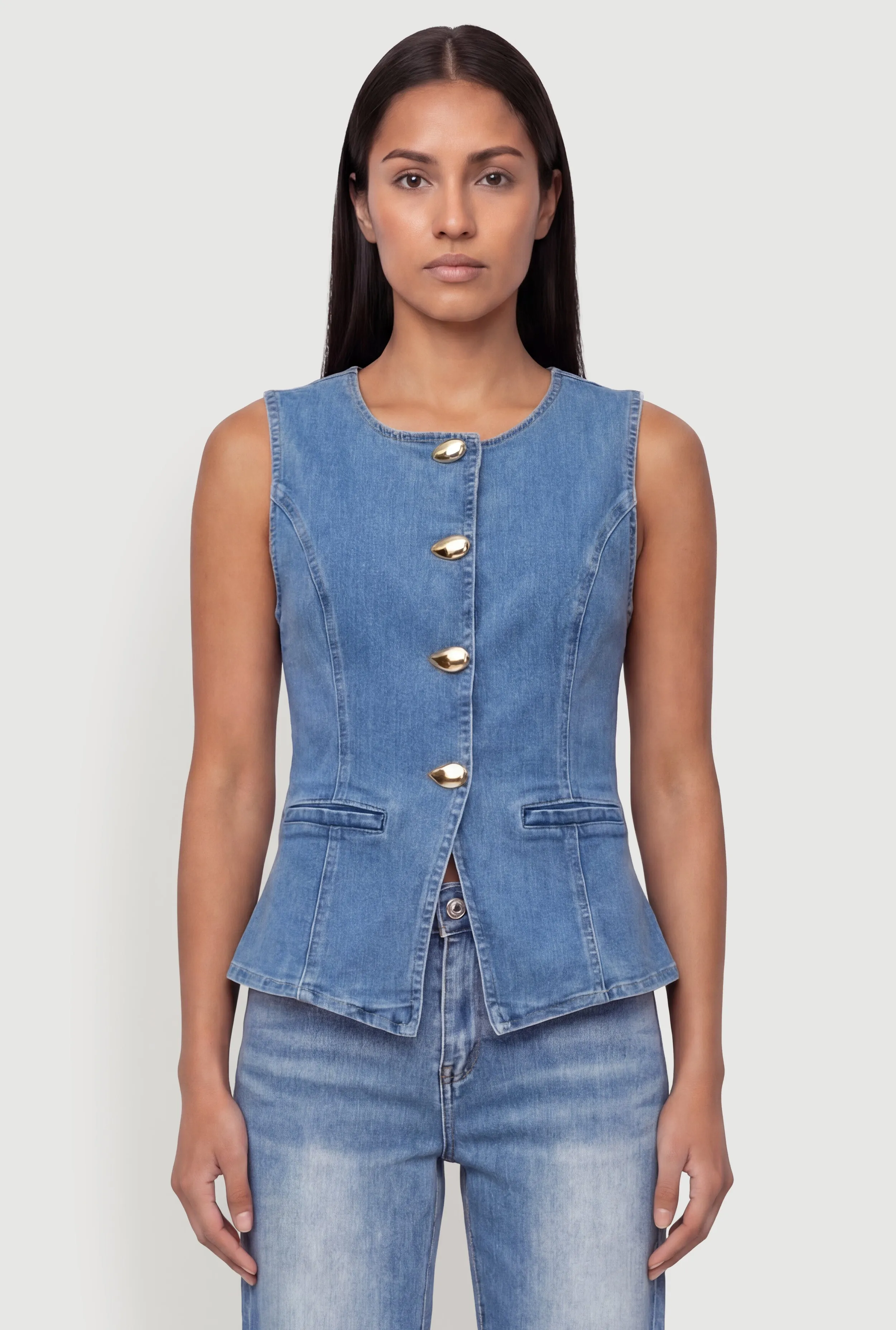 Denim Button Front Crew Neck Vest sold by Rainbow product image thumbnail 2