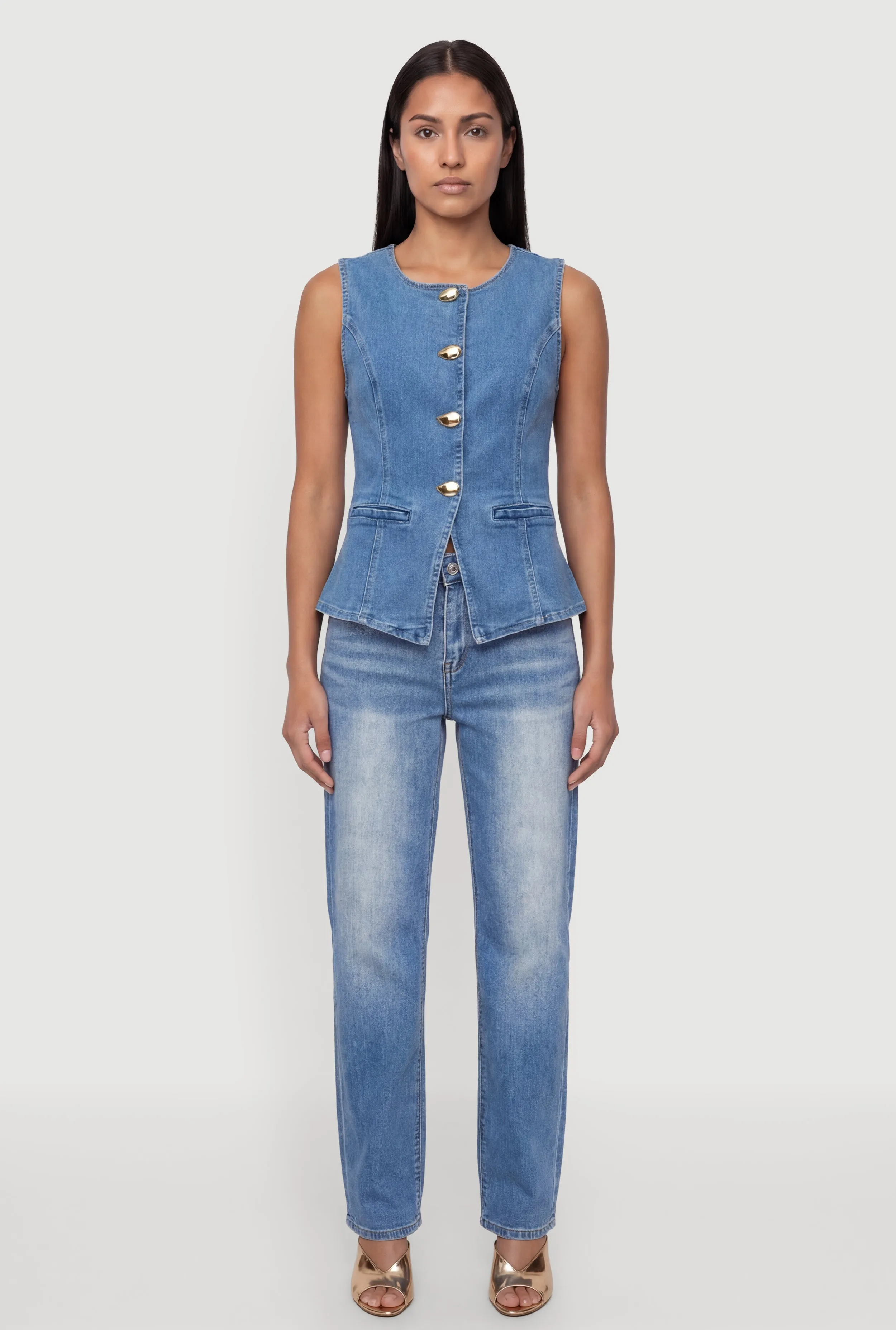 Denim Button Front Crew Neck Vest sold by Rainbow product image thumbnail 3