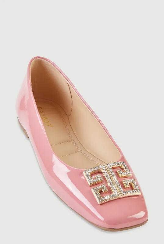 Rhinestone Greek Key Pendant Faux Leather Flats made by Rainbow