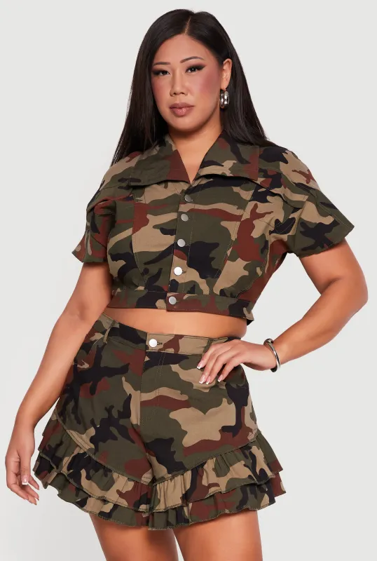 Plus Size Short Sleeve Camouflage Cropped Jacket made by Rainbow