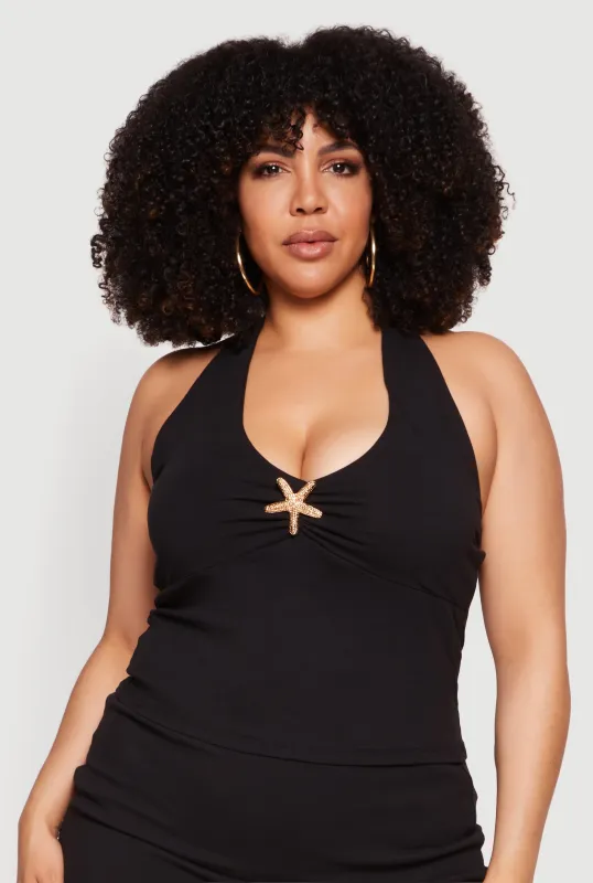 Plus Size Metallic Starfish Detail Tie Back Halter Top made by Almost Famous