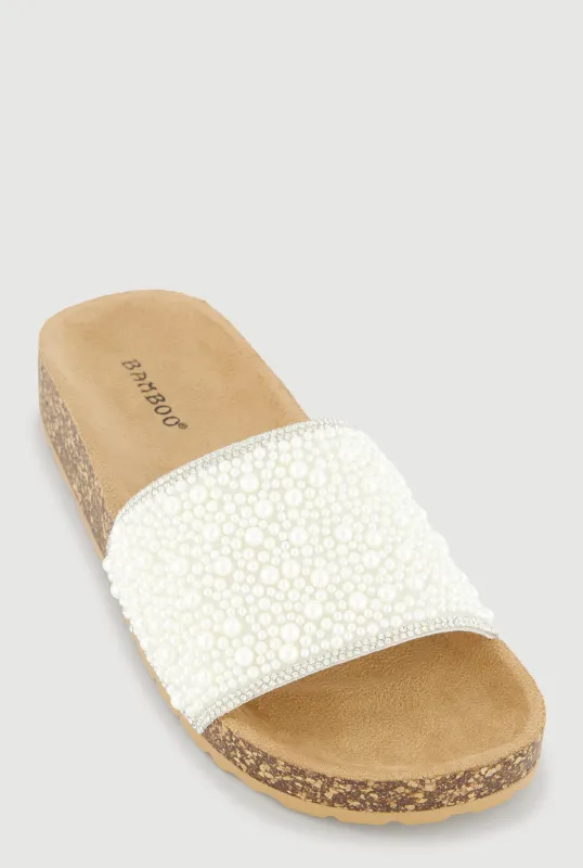 Rhinestone Trim Faux Pearl Band Footbed Sandals made by Rainbow