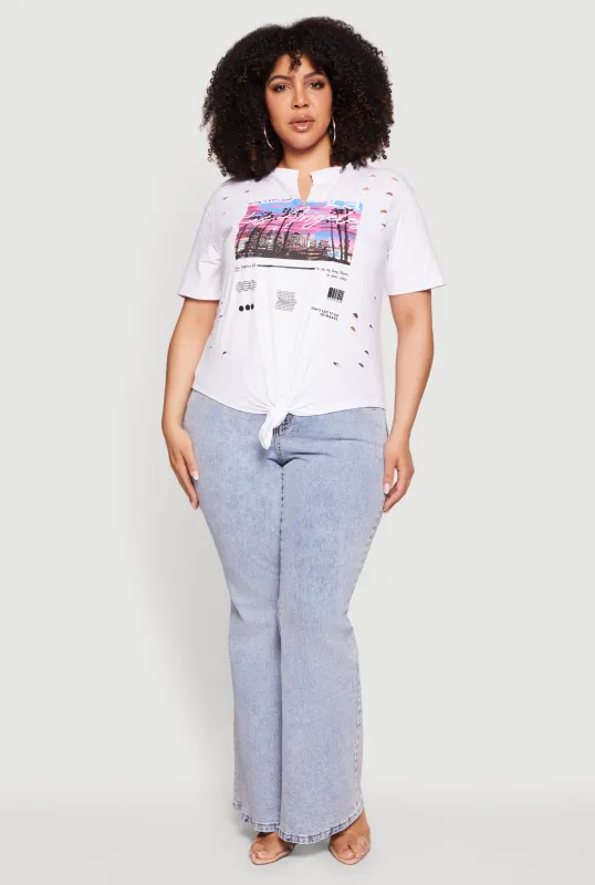 Plus Size Distressed LA Graphic Knot Front Tee made by Rainbow