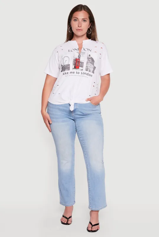 Plus Size Distressed London Graphic Knot Front Tee made by Rainbow