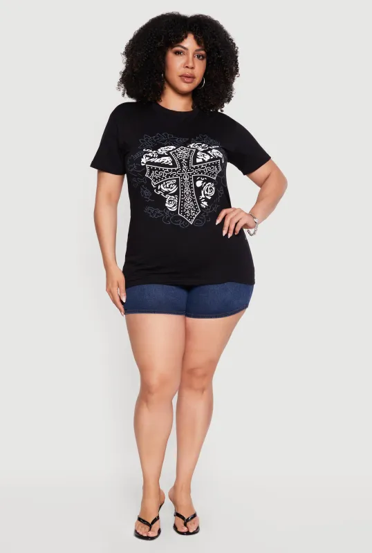 Plus Size Cross Heart Graphic Crew Neck Tee made by Rainbow