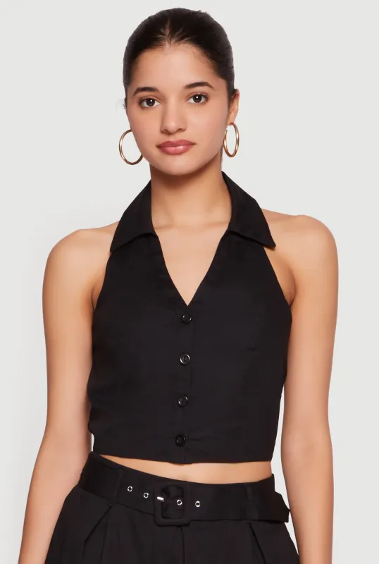 Button Front Cropped Halter Top made by Rainbow