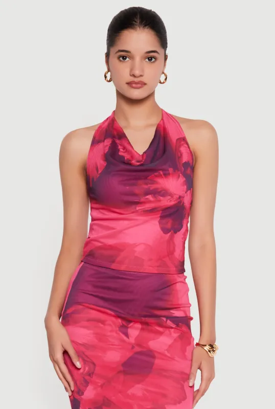 Floral Mesh Cowl Neck Halter Top made by Rainbow