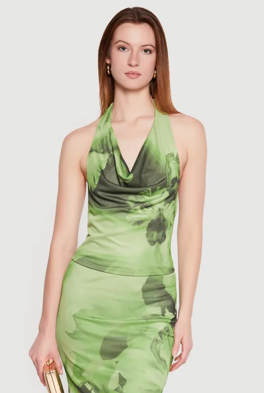 Floral Mesh Cowl Neck Halter Top made by Rainbow