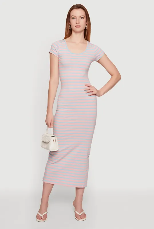 Striped Scoop Neck Back Slit Midi Dress made by Daisy