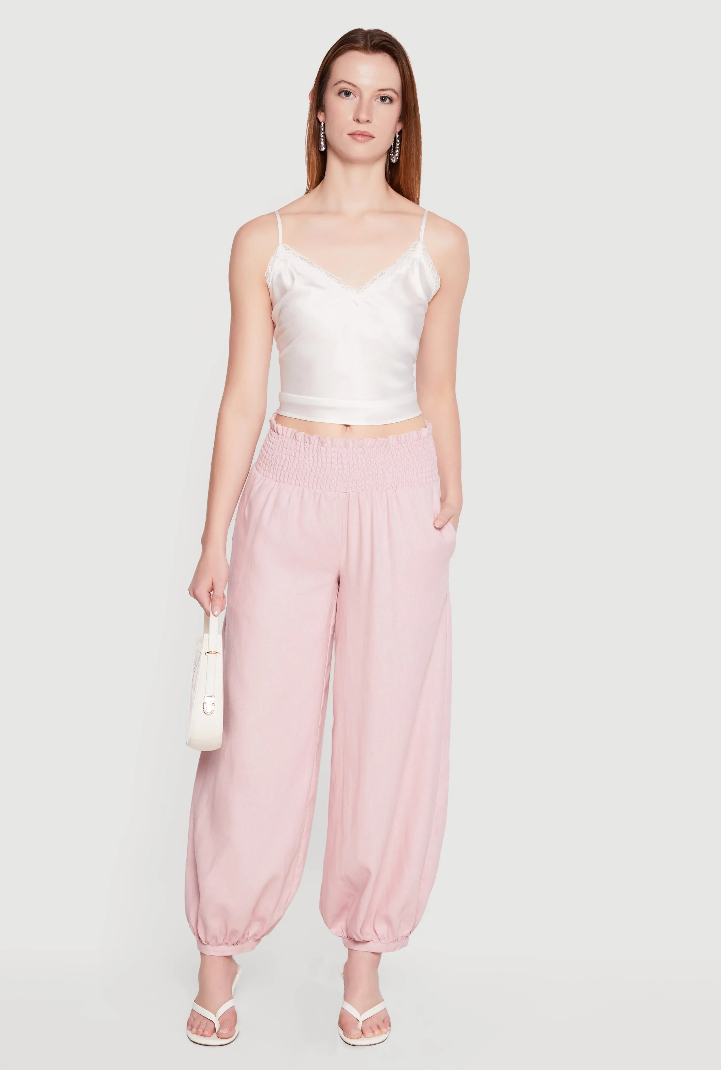 Smocked Paper Bag High Waisted Linen Joggers sold by Rainbow product image thumbnail 4