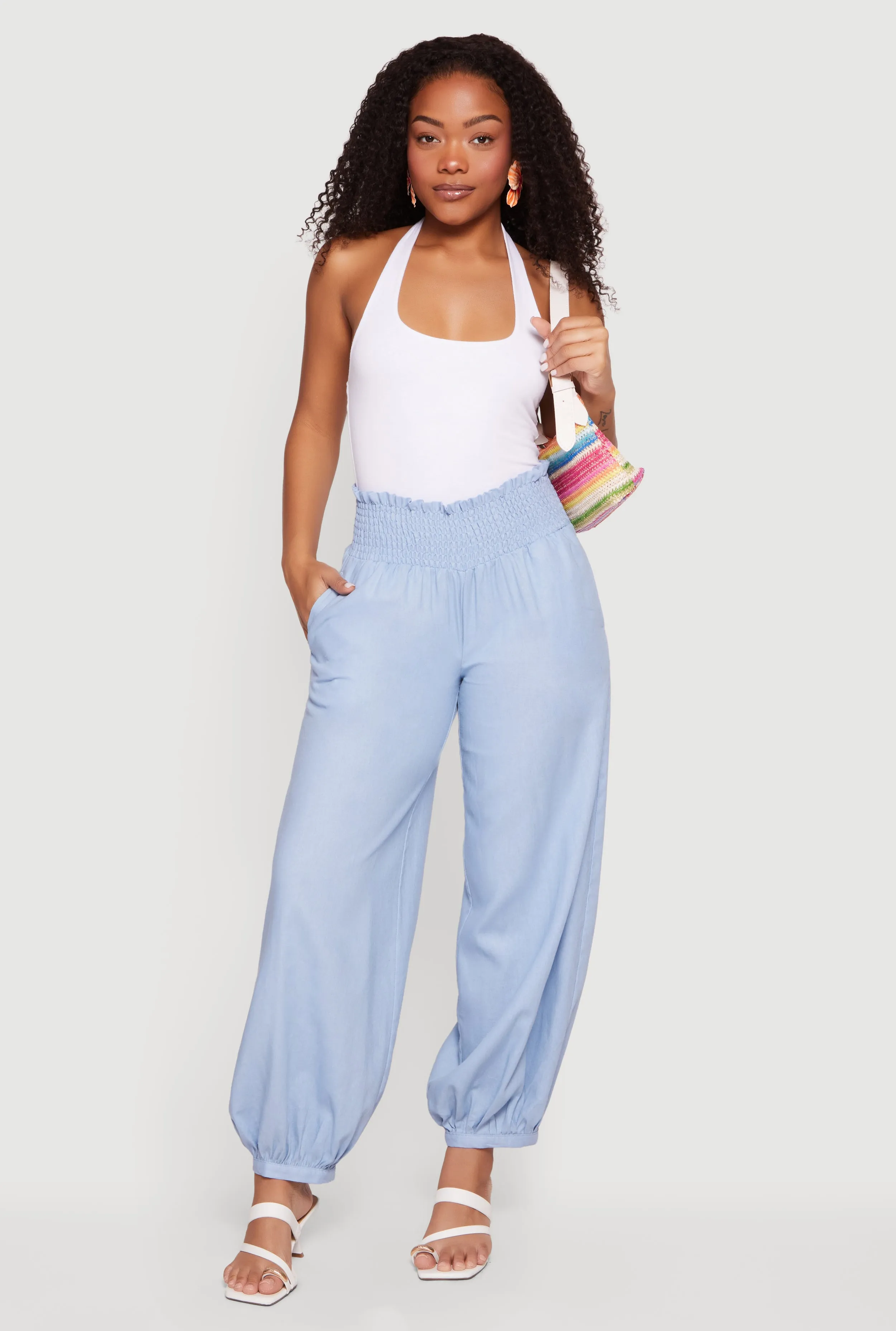 Smocked Paper Bag High Waisted Linen Joggers sold by Rainbow product image thumbnail 3