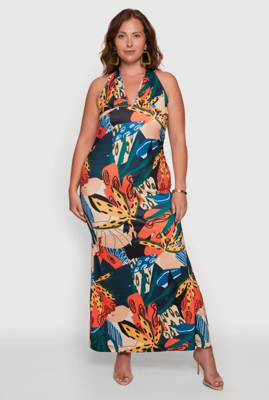 Plus Size Patterned Side Slit Halter Maxi Dress made by Rainbow